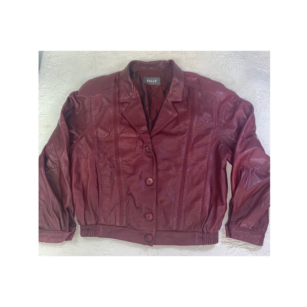 Bally Vintage Womens Burgundy Red Soft Leather Jacket Braided Trim Size 6 Italy